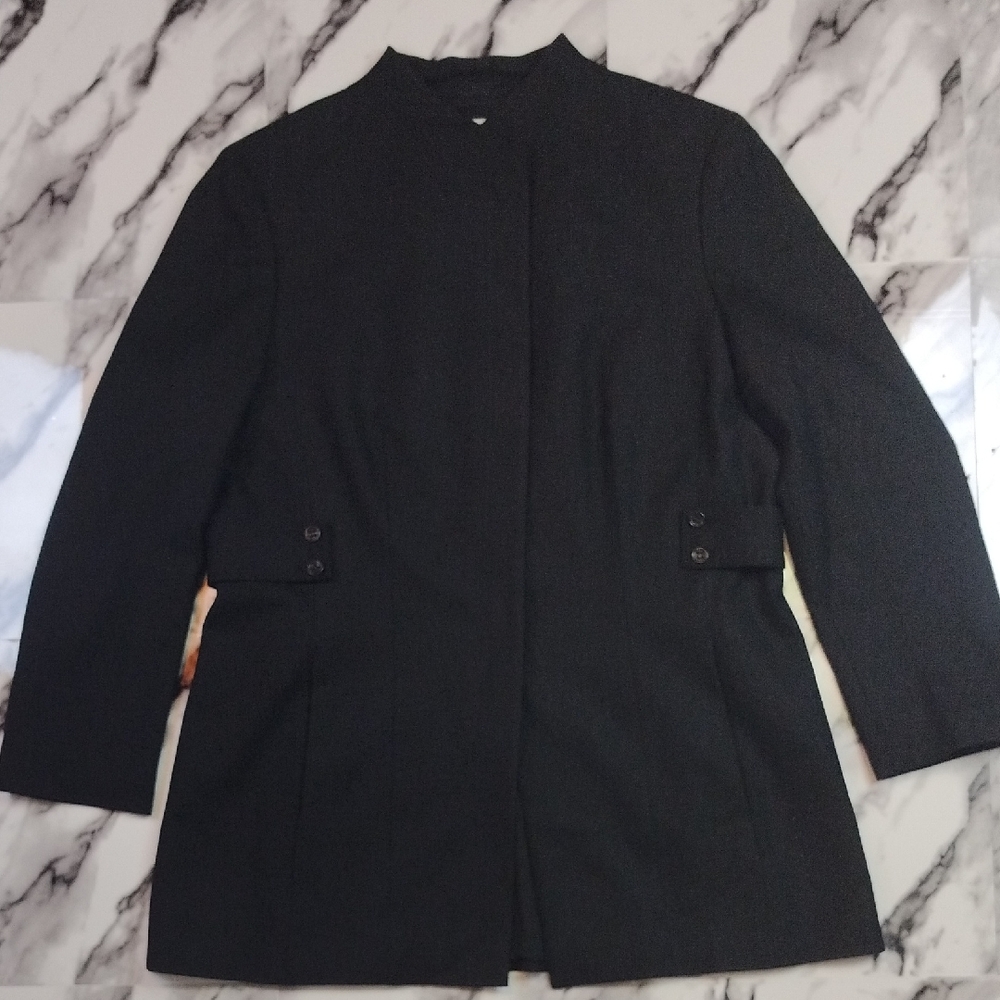 Tailored Wool Blend Funnel Neck Hidden Button Coat Women M Black Side Tab Detail